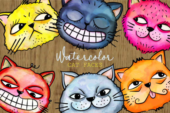 Download Funny Watercolor Cat Face Doodle Clipart - Premium Resources